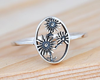 Open Circle Sunflower Ring | Solid 925 Sterling Silver Ring | Positivity Optimism Sunflower Boho Floral Silver Ring | Nature Inspired