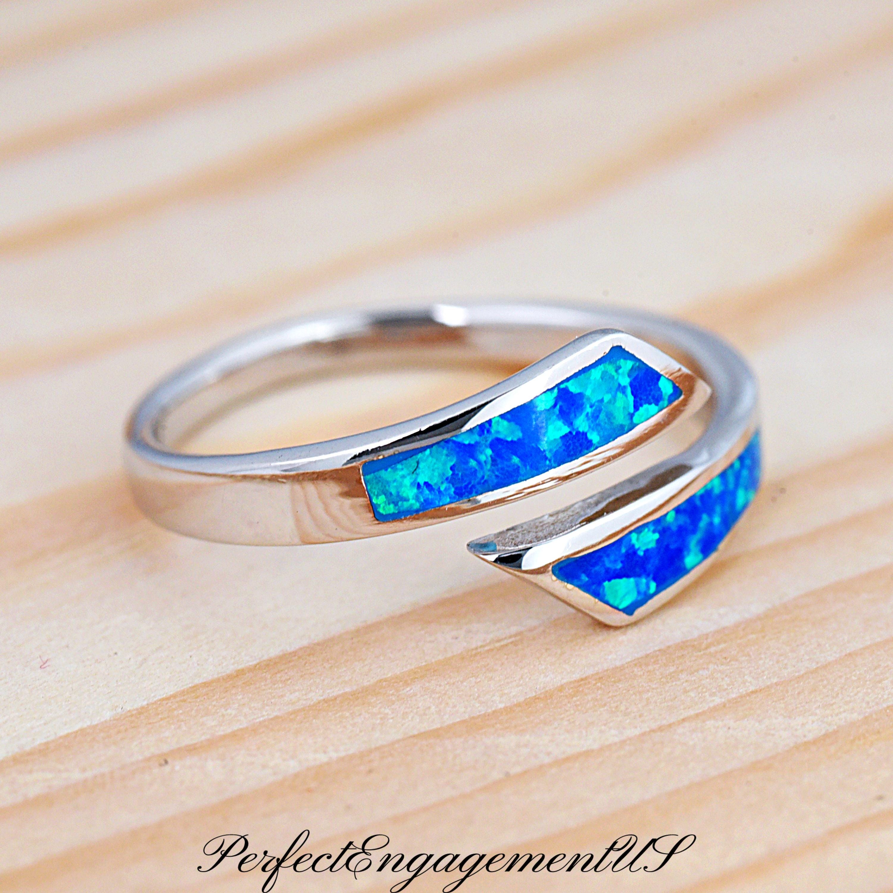 Open Pass Rings Blue Opal Inlay Wraparound Open Bypass Ring | Solid 925 Sterling Silver ...