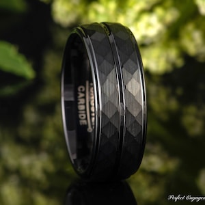 Diamond-Faceted Men&#39;s Tungsten Wedding Band, Black IP Center Groove Ring for Men, 8mm Wide Personalized Engrave Anniversary Ring