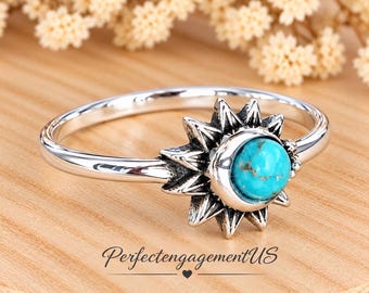 Moon and Sun Turquoise Stone Ring | Solid 925 Sterling Silver Meditation Ring | Women's Silver Dainty Ring | Gift for Her