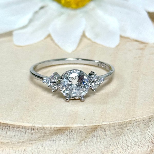 Dainty Engagement Round CZ Ring | Solid 925 Sterling Silver Sidestone Cubic Zirconia Wedding Ring | Womens Silver Ring | Trendy