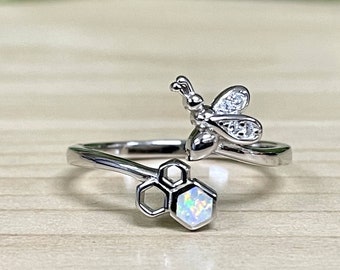 Bumblebee Honeycomb White Lab Opal Ring | Solid 925 Sterling Silver Bee Hexagon Ring | Womens Silver Ring | Trendy |