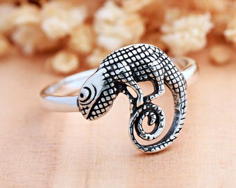 Vintage Style Silver Chameleon Ring | Solid 925 Sterling Silver Ring | Reptile Jewelry | Minimalist | Gift for Her | Girl's Women's Ring