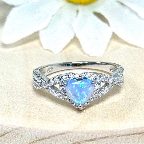 Twisted Heart Lab Light Blue Opal CZ | Solid 925 Sterling Silver Opal Heart Engagement Anniversary Ring | Women Silver Ring | Trendy