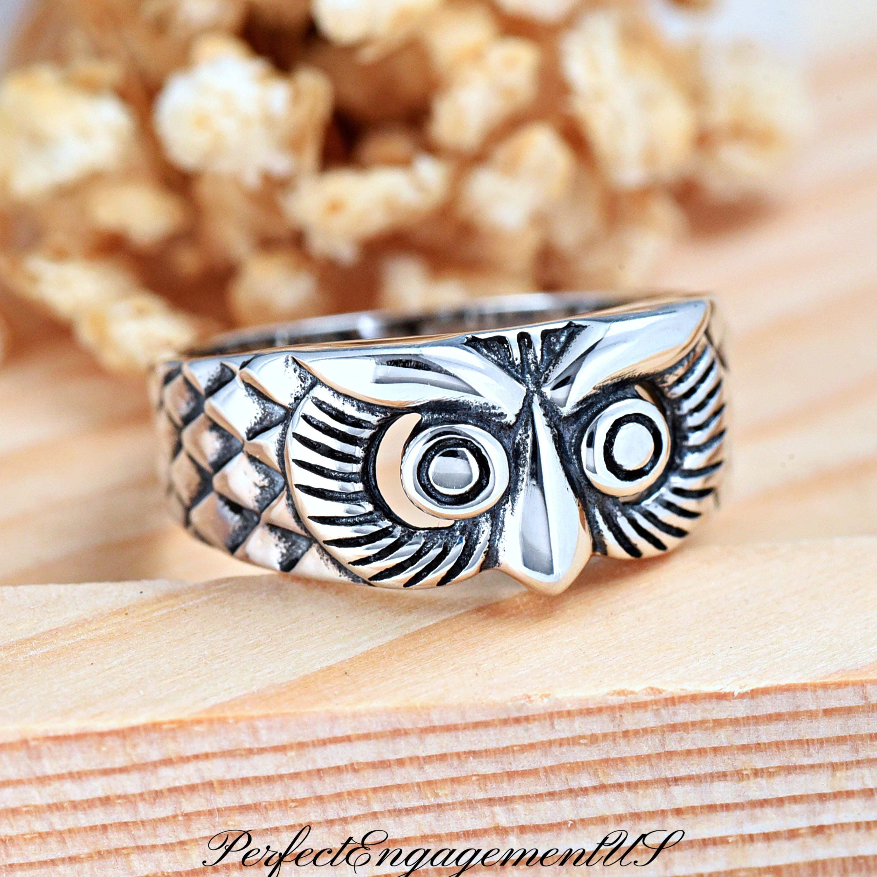 Night Owl Head Ring | Solid 925 Sterling Silver Antique Owl Ring | Womens Silver Ring | Trendy | Bir