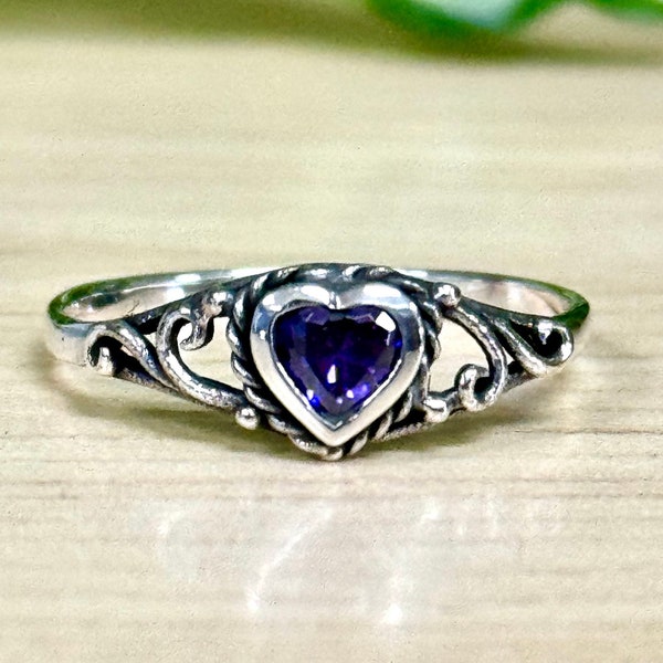 Filigree Heart CZ Ring | Solid 925 Sterling Silver Cubic Zirconia Heart Promise Ring | Women Silver Ring | Trendy | Heart Jewelry | For Her
