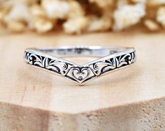 Filigree Heart V-Shaped Ring | Solid 925 Sterling Silver Vine Ring | Womens Silver Ring | Trendy | Minimalist | For Her