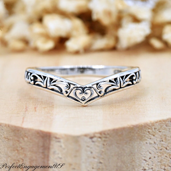Filigree Heart V-Shaped Ring | Solid 925 Sterling Silver Vine Ring | Womens Silver Ring | Trendy | Minimalist | For Her