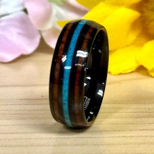 Mens Turquoise Wedding Band, Wood Wedding Ring, Unique Wood & Turquoise Inlay Tungsten Ring, Mens Tungsten Wedding Band, Wood Wedding Ring