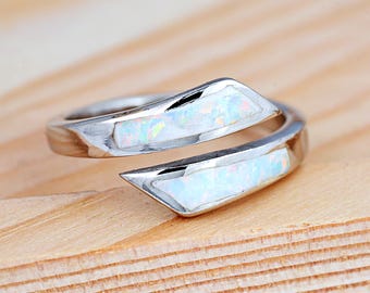 Bar Opal Inlay Wraparound Open Ring | Solid 925 Sterling Silver Opal Ring | Women's Silver Ring | Minimalist Opal Ring