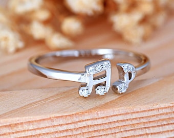 Music Notes CZ Silver Open Ring | Solid 925 Sterling Silver Musicians Symbol Ring | Women's Silver Ring | Trendy | Adjustable Ring