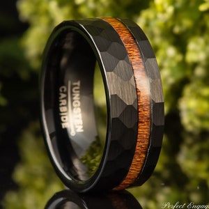 Hammered with Wood Inlay Tungsten Wedding Band, Mens Unique Wood Ring, Pipe Cut Male Wedding Band, Black Faceted Engagement Ring, Engraved
