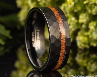Hammered with Wood Inlay Tungsten Wedding Band, Mens Unique Wood Ring, Pipe Cut Male Wedding Band, Black Faceted Engagement Ring, Engraved