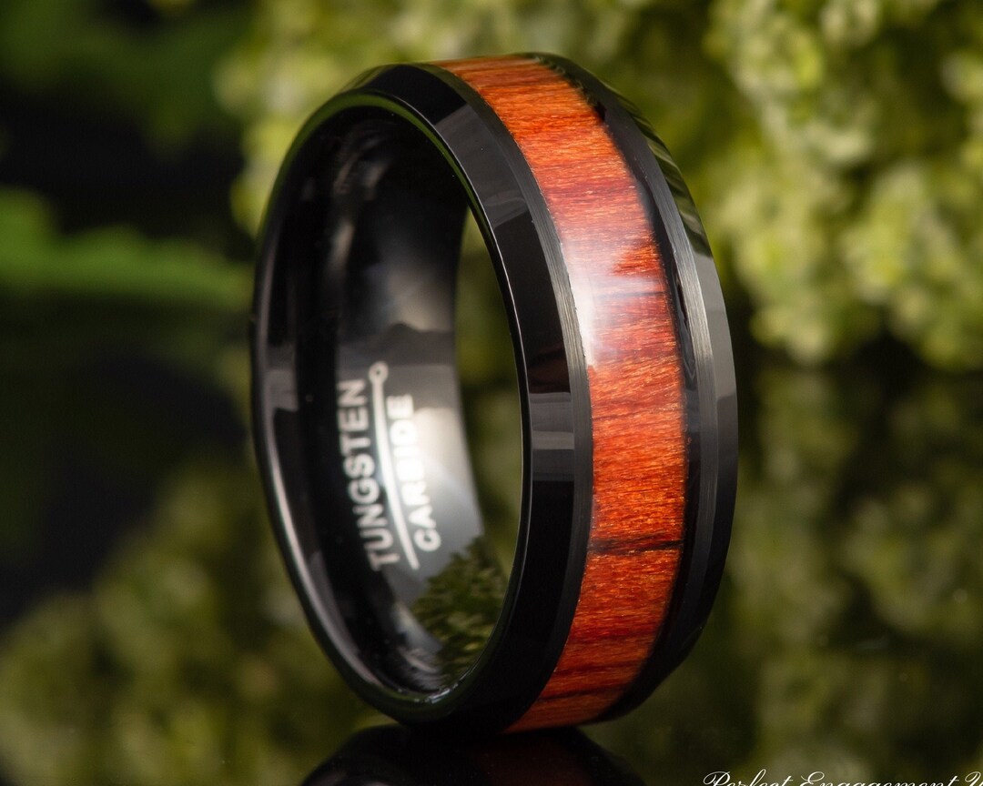 Dark Mahogany Wood Inlay Ring, Mens Tungsten Wood Inlay Ring ...