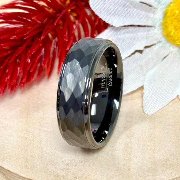 Gun Metal IP Hammered Center Tungsten Wedding Band, Stepped Edge Wedding Ring for Men, Personalized Laser Engrave Anniversary Ring