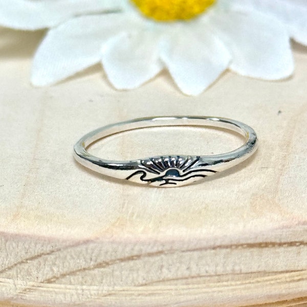 Sun & Ocean Waves Stackable Ring | Solid 925 Sterling Silver Day Scene Sea Waves Ring | Trendy | Outdoor, Nautical Theme Jewelry