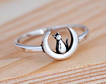 Cat Sitting on the Crescent Moon Ring | Solid 925 Sterling Silver Cat and Moon Ring | Dainty Cute Cat Jewelry | Cat Ring