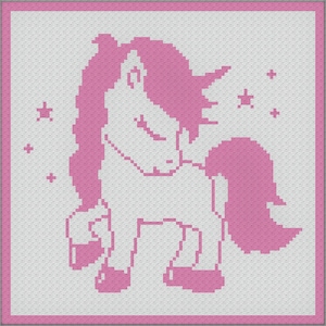 May include: A pink unicorn with a closed eye and a horn, standing on a white background with pink stars.