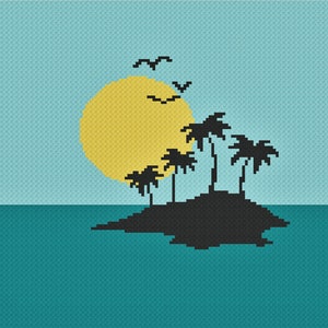 May include: A pixelated illustration of a tropical island with palm trees and a yellow sun setting over a blue ocean.