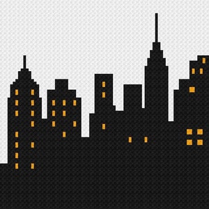 Peut inclure: Une silhouette noire d'une ville avec plusieurs bâtiments et fenêtres. Les fenêtres sont éclairées par de petites lumières jaunes.
