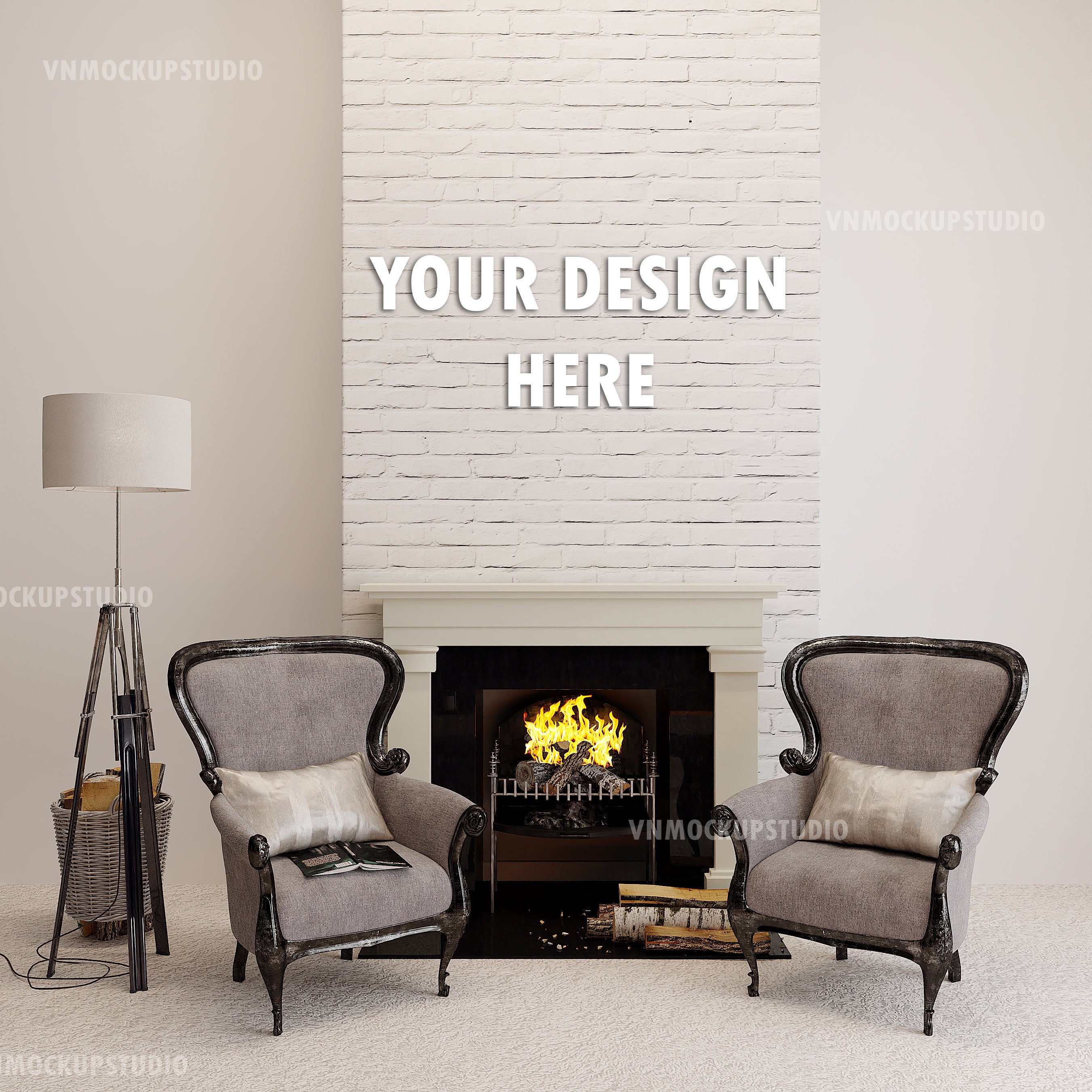 Download Fireplace Mockup Living Room Mockup Empty Wall Art Mock-Up ...
