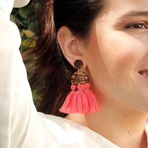 Coral Pink Tassel Earrings, Coconut Shell Wood Earrings, Eco-friendly sustainable earrings, Tropical earrings, Statement Macrame Earring