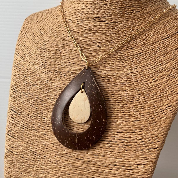 natural necklace, organic necklace, coconut shell pendant, teardrop wood pendant, handmade tagua necklace, sustainable jewelry for women