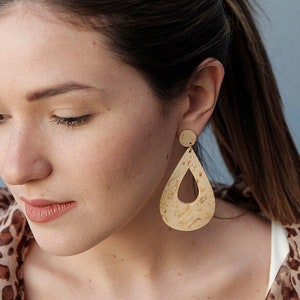 Natural wood earrings, Statement teardrop earrings, Large wood earrings, Coconut shell earrings, Wooden post earrings, White Ethnic Earrings