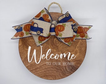 Fall Welcome Sign | Fall Blue Truck | Welcome Door Hanger | Front Door Welcome Sign | Wood Sign | Housewarming Gift | Fall Welcome Sign