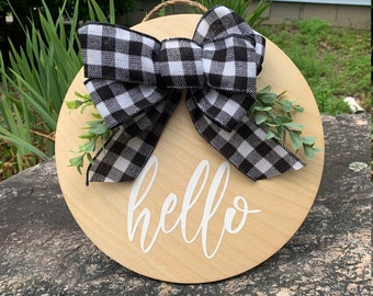 Hello Front Door Décor | Buffalo Check Bow | Modern Wreath | Front Door Welcome Sign | Wood Sign | Housewarming Gift