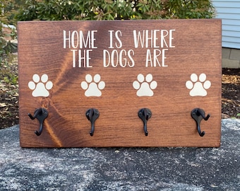 Home Is Where The Dogs Are Key and Leash Holder | His Hers | Mr Mrs | Paw Print | Dog Parents | Entryway Sign | Wooden Sign | Dog Decor