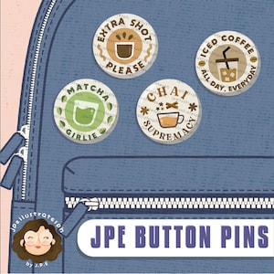 Cafe Button Pin | 1.25&quot; Button Pins | Coffee, Matcha, Chai, Espresso, Iced Coffee, Matcha Girlie, Decorative pin, Funny Cute Gift | 32mm