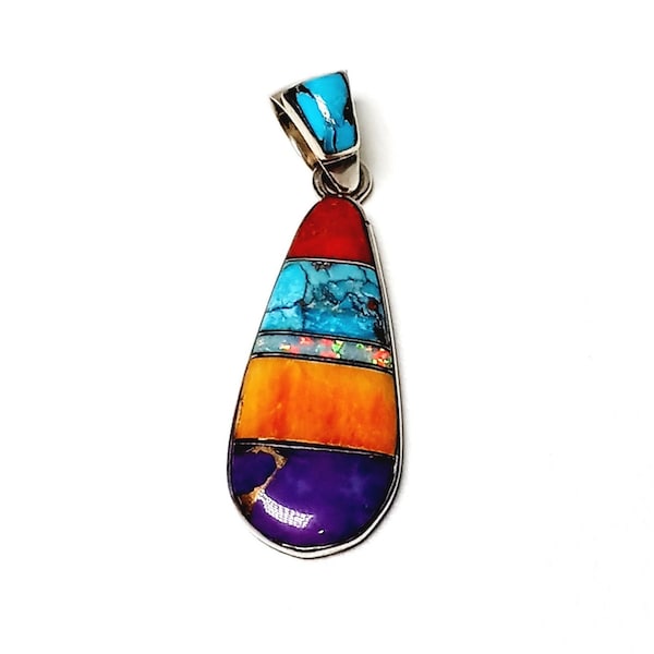 Multi Stone Inlay Teardrop Pendant for Necklace Sterling Silver/ Turquoise/ Red Coral/ Fire Opal/ Spiny Oyster Shell/Purple Mojave Turquoise