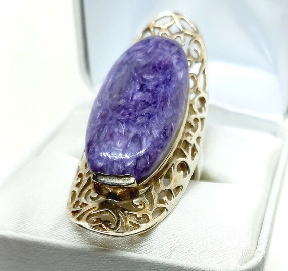 Charoite Sterling Silver Bold Statement Ring Size… - image 2