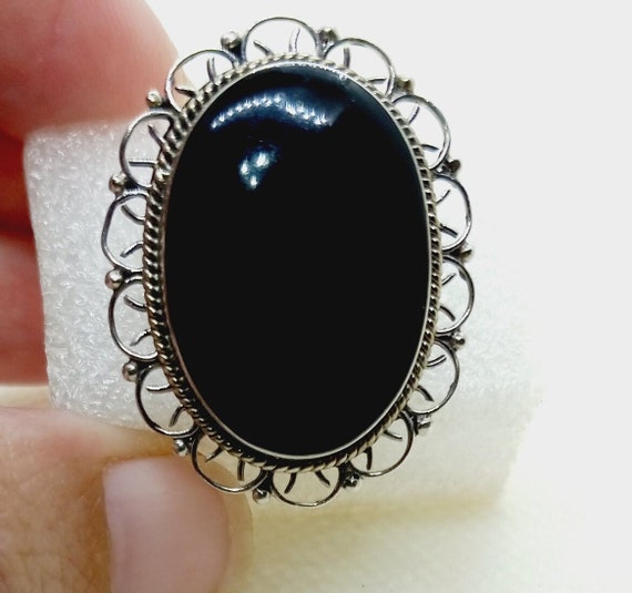 Vintage Black Onyx Sterling Ring Size 7.5 Large V… - image 1