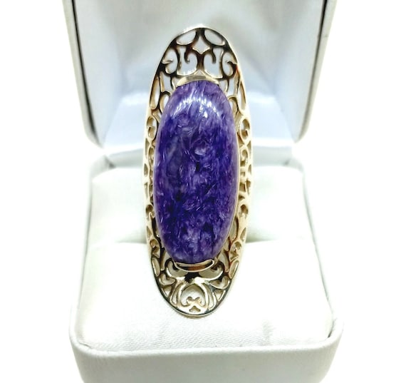 Charoite Sterling Silver Bold Statement Ring Size… - image 1