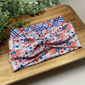 Patriotic USA Flag Collection Twist Headbands | Wide, Soft, Stretchy, Nonslip, Workout Head Band | Headwrap | Summer 4th of July Hairband