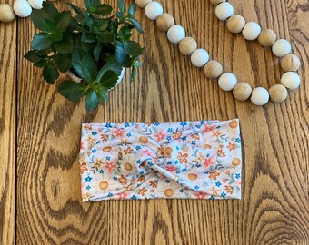 White Sunshine Floral Twist Headband | Wide, Soft, Stretchy, Nonslip, Workout Head Band | Headwrap | Summer Boho Hairband