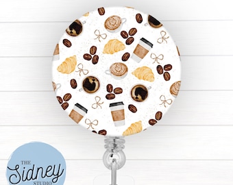 Coffee & Croissants Badge Reel – Cute Latte Retractable ID Holder for Teachers, Nurses, and Office Workers – Adorable RN Work Accessories