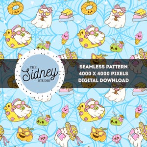 Cutie Summerween Ghosts Seamless Pattern - Coquette Ghost Surface Pattern - Bookish Summer Halloween Pattern PNG, Instant Download