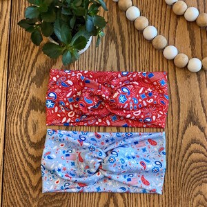 Patriotic USA Bandana Twist Headband | Wide, Soft, Stretchy, Nonslip, Workout Head Band | Headwrap | Summer, 4th of July Boho Hairband