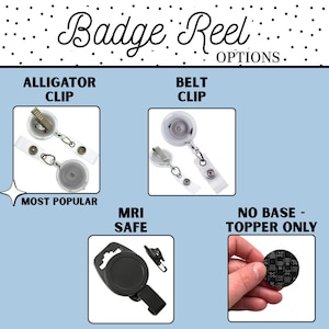 Puede incluir: Imagen que muestra opciones de portatarjetas, incluyendo pinzas de cocodrilo, pinzas para cintur&oacute;n y modelos seguros para resonancia magn&eacute;tica. El texto "Badge Reel OPTIONS" est&aacute; en la parte superior. Se destaca la opci&oacute;n "Most Popular".