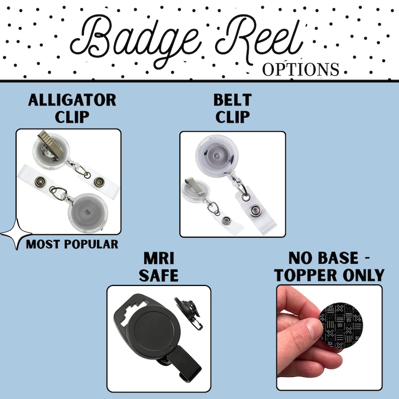 Puede incluir: Imagen que muestra opciones de portatarjetas, incluyendo pinzas de cocodrilo, pinzas para cintur&oacute;n y modelos seguros para resonancia magn&eacute;tica. El texto "Badge Reel OPTIONS" est&aacute; en la parte superior. Se destaca la opci&oacute;n "Most Popular".
