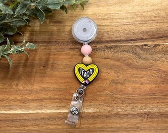 Heart Pencil Teach Beaded Badge Reel | Teacher Badge Reel | School Nurse Badge Reel | Interchangeable Badge Reel