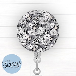 Simple Black Floral Badge Reel – Cute & Funny Retractable ID Holder for Teachers, Nurses, and Office Workers – Adorable Nurse Work Accessory