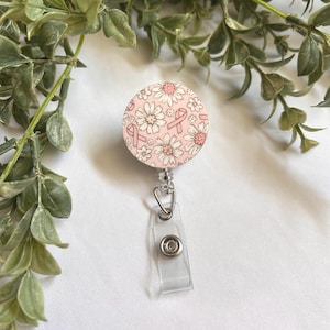 Breast Cancer Awareness Badge Reel – Cute, Floral Retractable ID Holder for Teachers, Nurses, Office Workers – Oncology Nurse Work Accessory