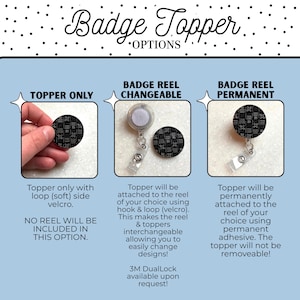 Puede incluir: Imagen que muestra opciones de topper de insignia. Las opciones incluyen solo un topper, un carrete de insignia con un topper intercambiable y un carrete de insignia con un topper permanente. Los toppers tienen un patr&oacute;n geom&eacute;trico en blanco y negro.