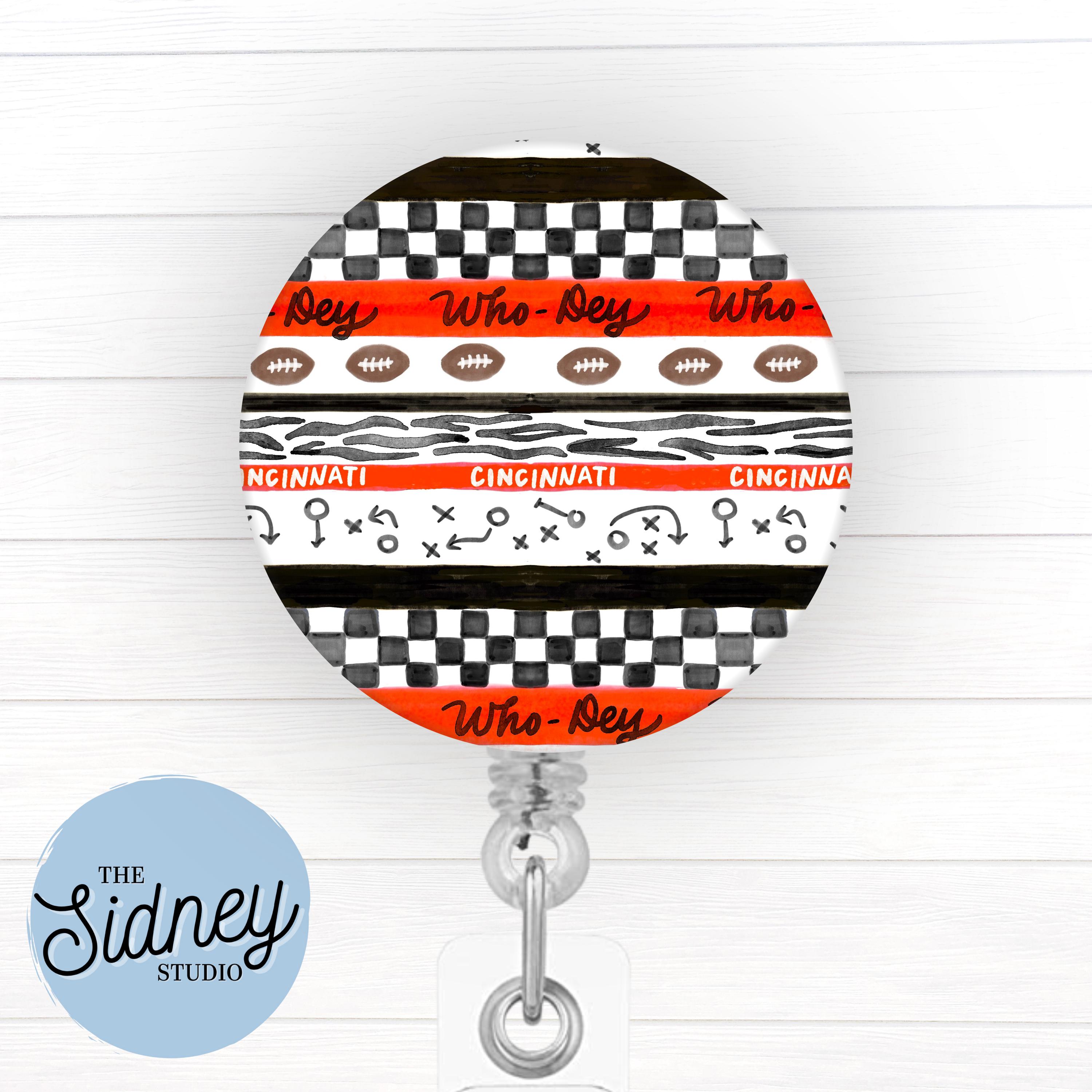 Who Dey Stripes Badge Reel – Cute Football Retractable ID Holder for Teachers, Nurses, and Office Workers – Adorable Nurse Work Accessory
