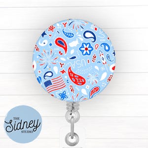 4th of July Blue Bandana Badge Reel – Patriotic Retractable ID Holder for Teachers, Nurses, and Office Workers – Nurse Accessories for Work