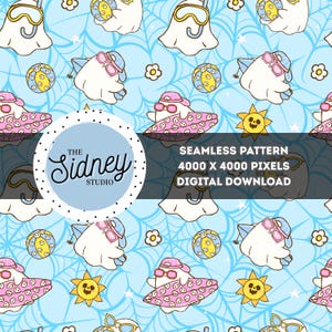 Cutie Summerween Ghosts Seamless Pattern - Coquette Ghost Surface Pattern - Bookish Summer Halloween Pattern PNG, Instant Download